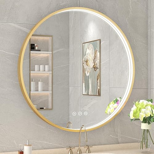Espejo redondo LED de 24 pulgadas para baño, espejo de baño LED con marco de metal dorado con luces, 3 colores y espejo de tocador iluminado para