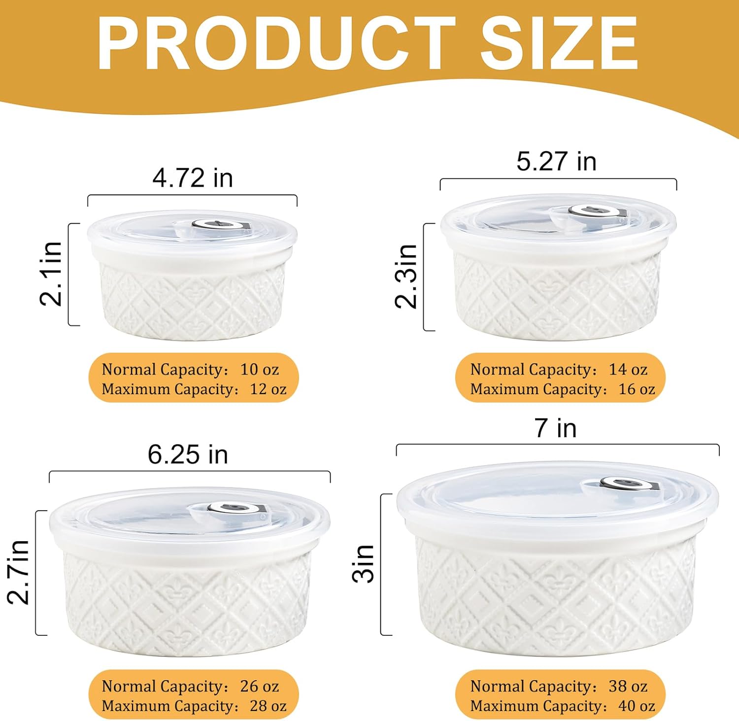 Large Mixing Bowls with Airtight Lids, Classic White Porcelain Embossed Nesting Salad Bowls for Baking and Cooking, 12/16/28/40oz Serving Bowls Set of 4, Oven and Dishwasher Safe, Thanksgiving Gift - Image 7