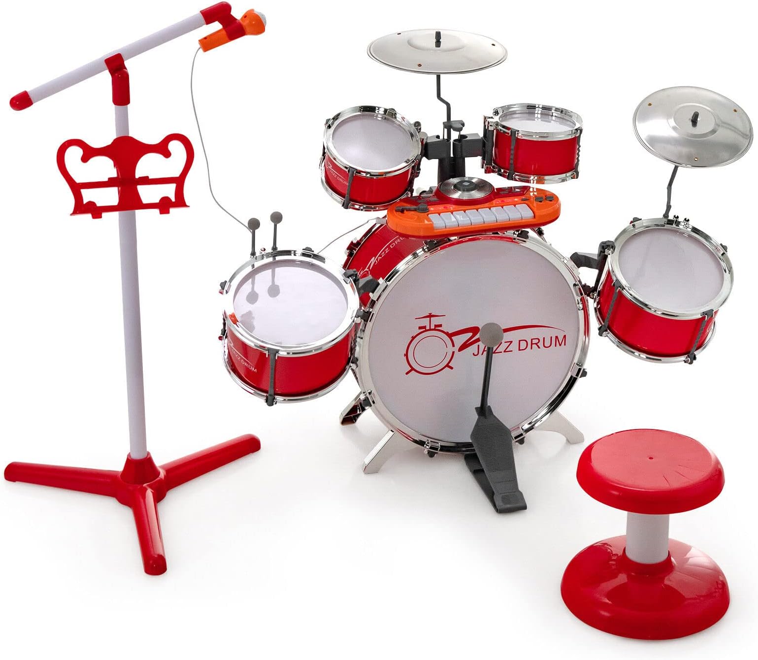 Kids Drum Keyboard Set with Stool & Microphone Stand, Jazz Drum Set with Cymbal, Multifunctional Digital Keyboard, DJ Kit, Music Stand, Percussion Instrument Toy for 3+ Boys & Girls (Red)