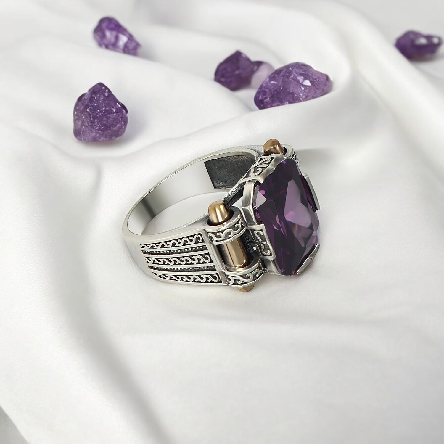 Handmade Men's Vintage Style 925 Sterling Silver Ring with Gemstones, Ornate Carved Ring for Men