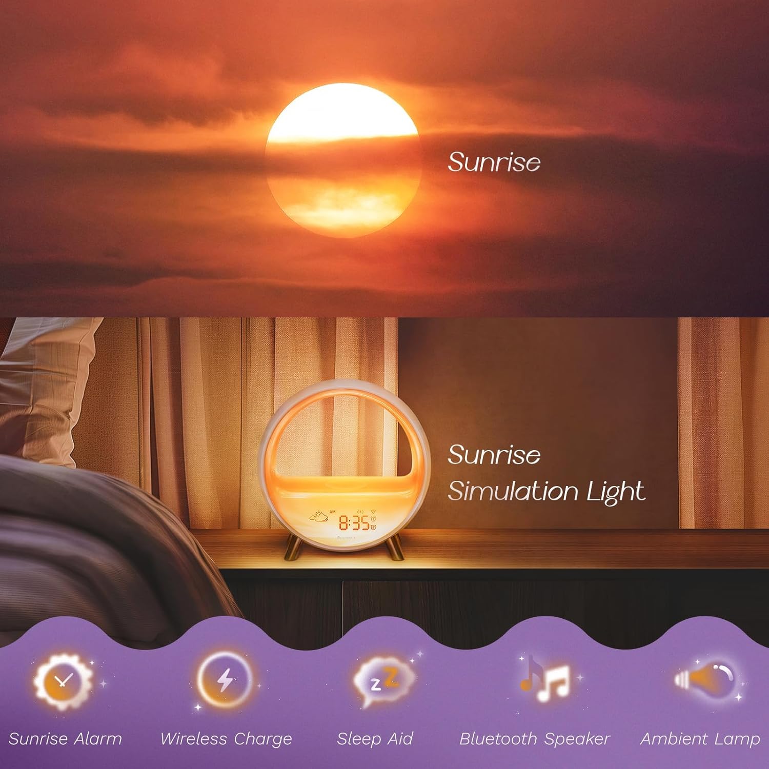 Dekala 5G Arches Gradual Sunrise Alarm Clock with Wireless Charging Sunset White Noise Sleep Sound Machine Loud Alarm Clock for Heavy Sleepers Bluetooth Speaker Night Light Touch/App/Button Control