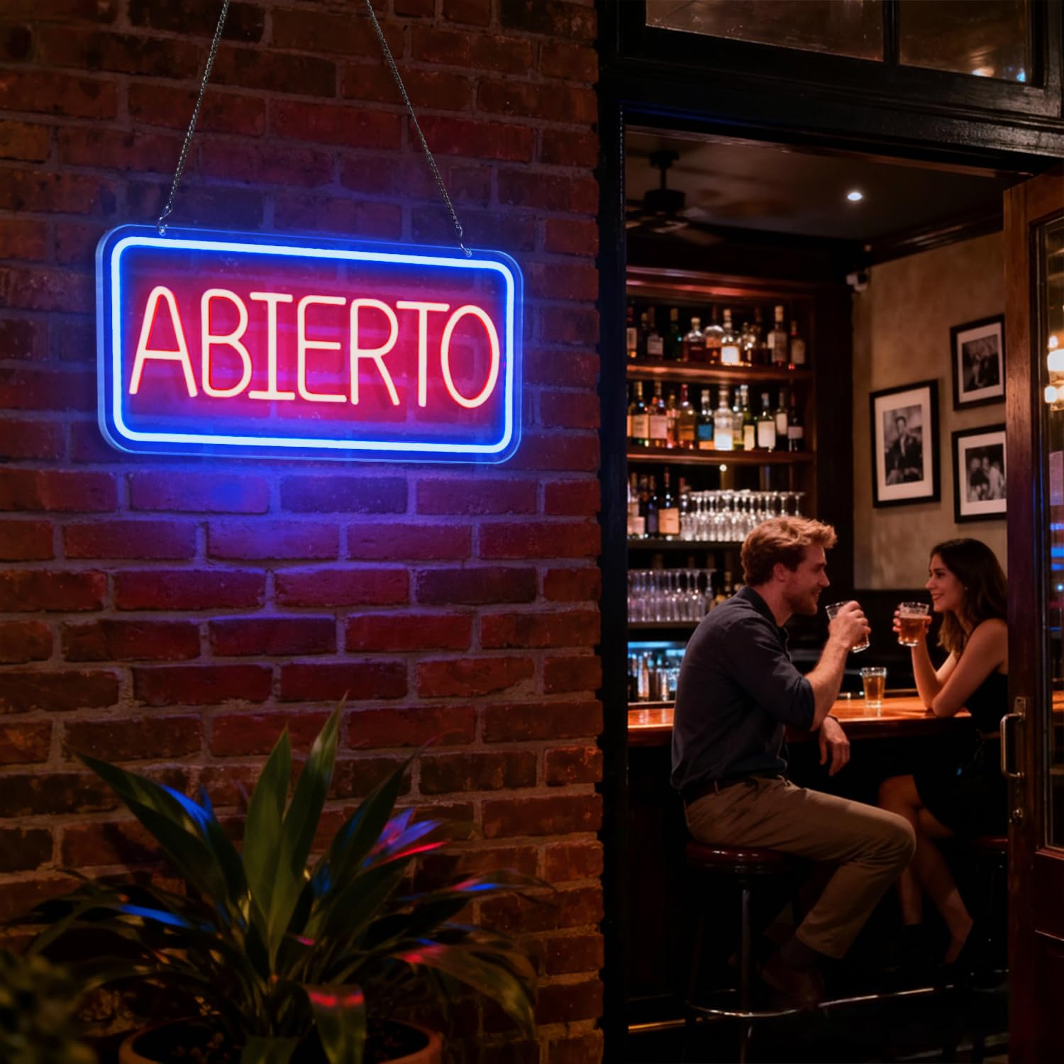 Señales luminosas ABIERTO neón, Cartel de Luz Roja con Marco Azul para Tiendas, Restaurantes, Bares, y Cafeterías, Letrero LED Abierto con interruptor regulable para Decor Comercial y Hogar