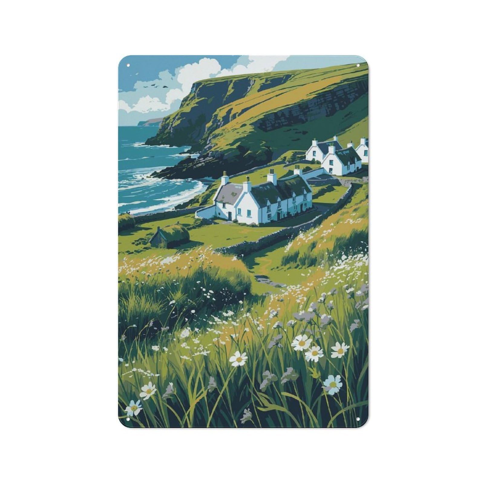 Junmoney Style-24 Coastal Village Landscape With White Cottages Rustic Printed Metal Sign 30X20cm For Bar Or Restaurant, For Bar Decor Enthusiasts