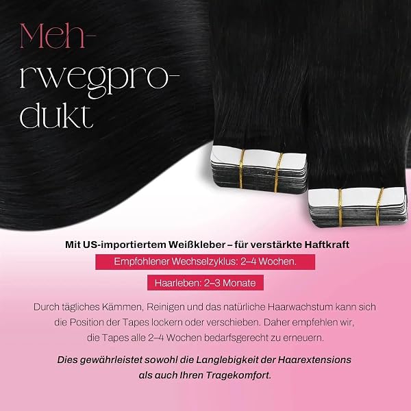 Moresoo Tape Extensions Echthaar Schwarz Invisible Tape in Extensions Echthaar 60cm Remy Haar Extensions Tape in Haarverlängerung Echthaar Tapes 50g 20 Stück #1 24 Inch - 3