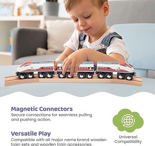 Miniatura 3 de inc. Tren de bala de madera, juego de 2 motores modernos, 1 elegante coche de pasajeros con conectores magnéticos, compatible con Thomas & Friends,