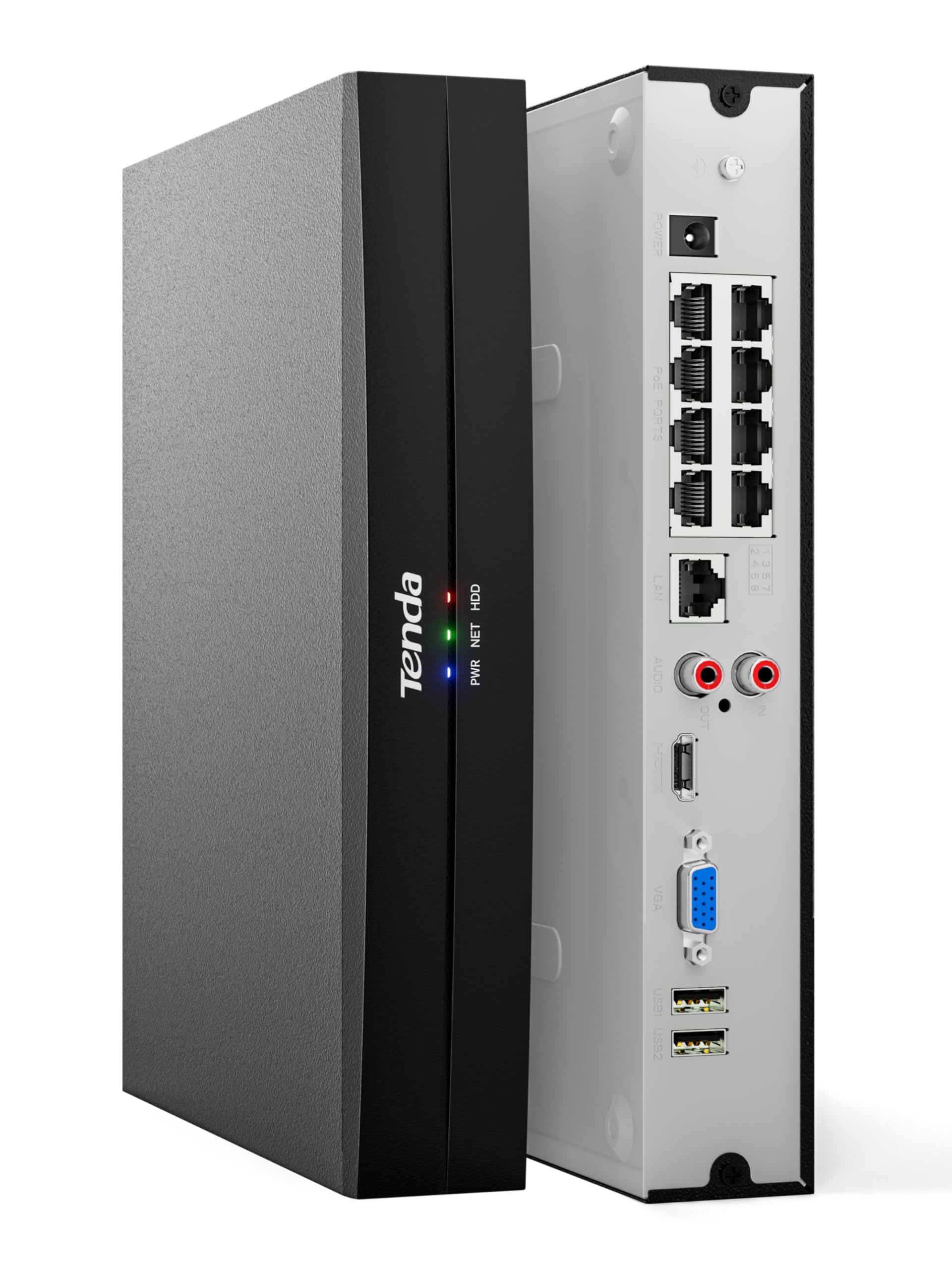 Tenda TN3108-8P NVR Sistema di Sorveglianza 4K, Trasmissione 250m, H.265+, Plug&Play, Supporto HDD fino a 10 TB (non incluso)/Archiviazione Cloud, Protezione Fulmini 4KV, App Controllo Remoto