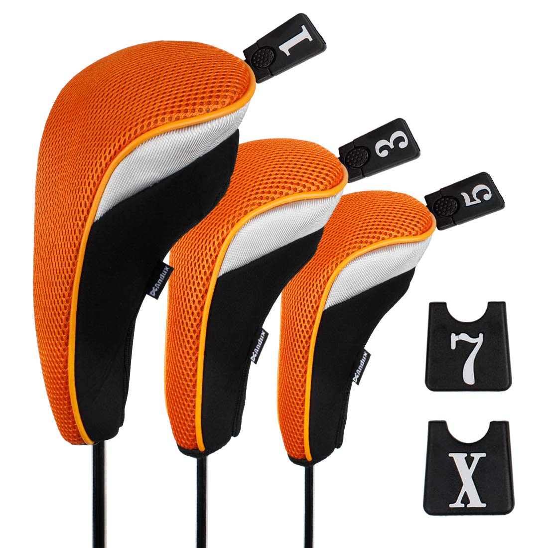 Andux Set di 6 coprimazze ibride da golf e coprimazze in legno (3 coperture ibride + 3 coperture in legno), arancione