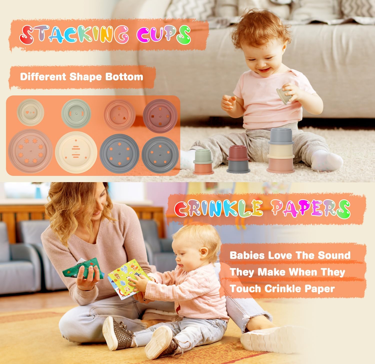 Baby Toys 6 to12 Months, 7 in-1 Montessori Toy for 6-9-12-18 Month Old with Pull String Toy, Sensory Bin Toys, Stacking Baby Blocks & Soft Infant Ring & Sensory Ball, Stacking Cups for Toddler Gift