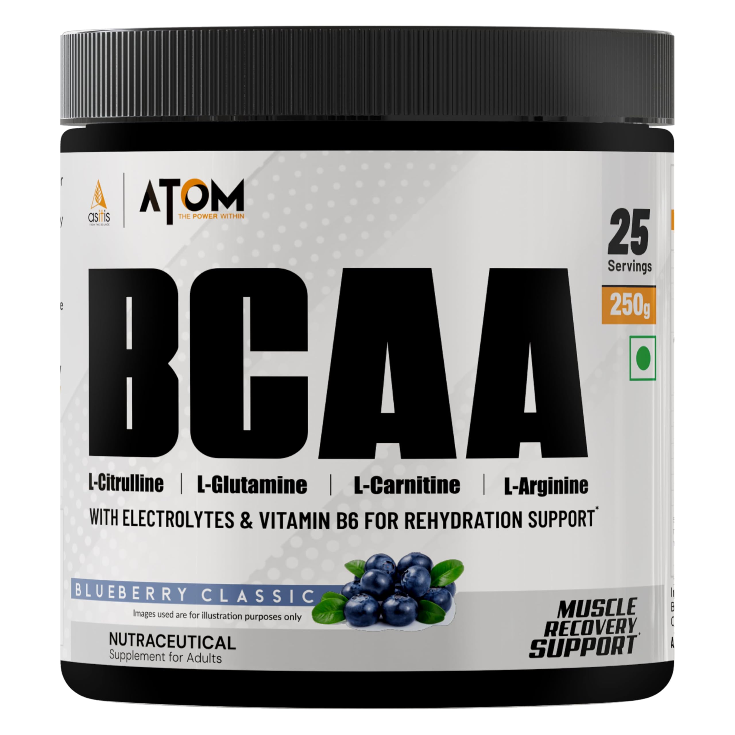 AS-IT-IS ATOM BCAA 250g with L-arginine, L-Carnitine, L-Citrulline for Energy Burst & Athletic Performance | Blueberry classic Flavor…
