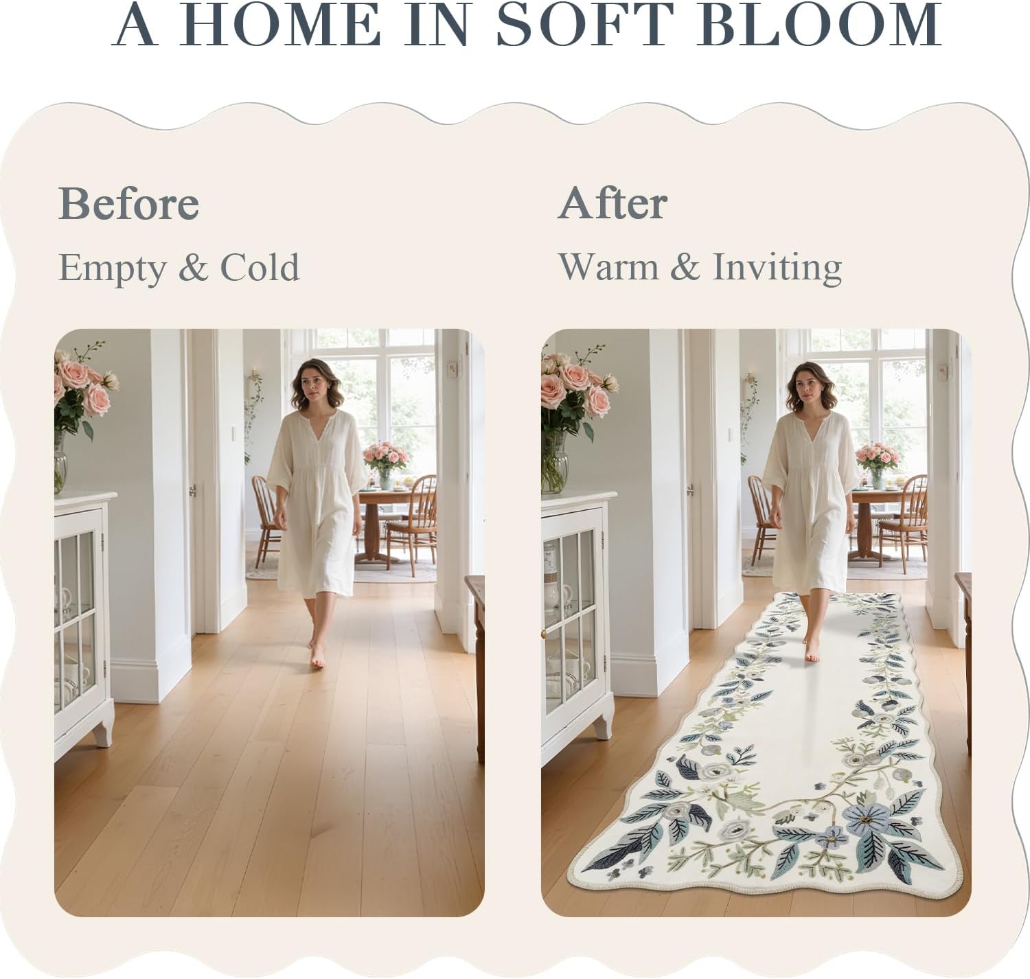BSICPRO Floral Runners for Hallways, 2x6 Washable Vintage Kitchen Runner with Rubber Backing Non Slip, Farmhouse Area Rugs for Kitchen, Hallways, Laundry, Bedroom, Bathroom (Creamy White)