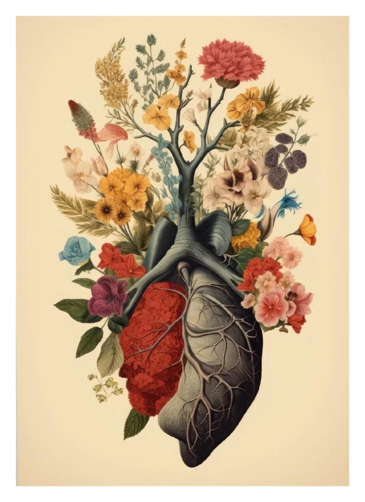 Cuadro de anatomía vintage floral que soluciona paredes vacías en salones y oficinas