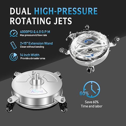 Miniatura 3 de RAYNEL Limpiador de superficies de lavadora a presión de 14 pulgadas con 4 ruedas, carcasa de acero inoxidable, conector rápido de 1/4 pulgadas, 2