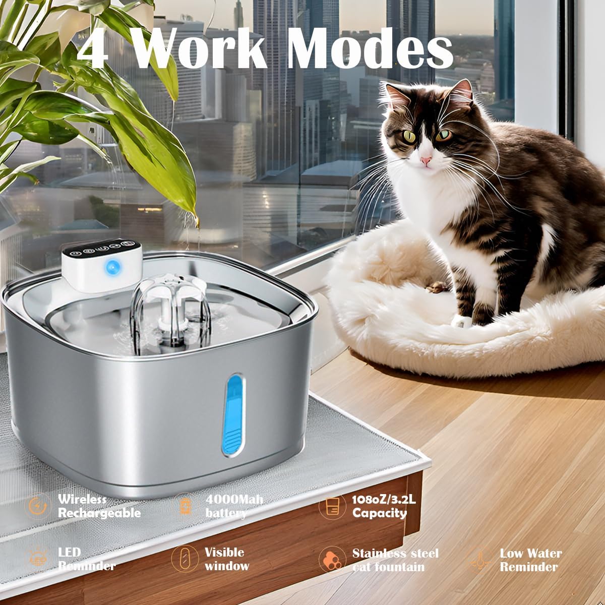 Cordless Cat Water Fountain, 3.2L/108oz Rechargeable Stainless Steel Cat Water Fountain Battery Operated with Replacement Filters, Quiet Pump, Sensor Automatic Dispenser for Cats Indoor