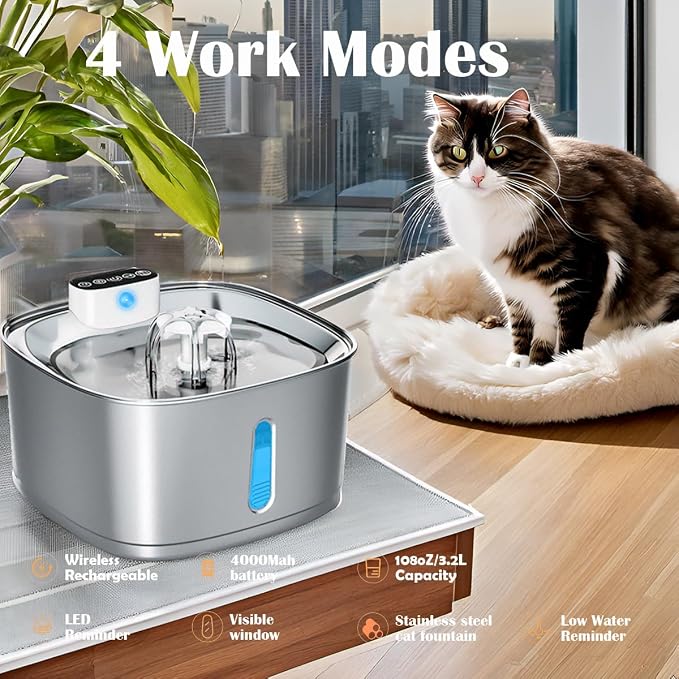 Fuente de Agua Inalámbrica para Gatos, 3.2L, Acero Inoxidable Recargable miniatura 2