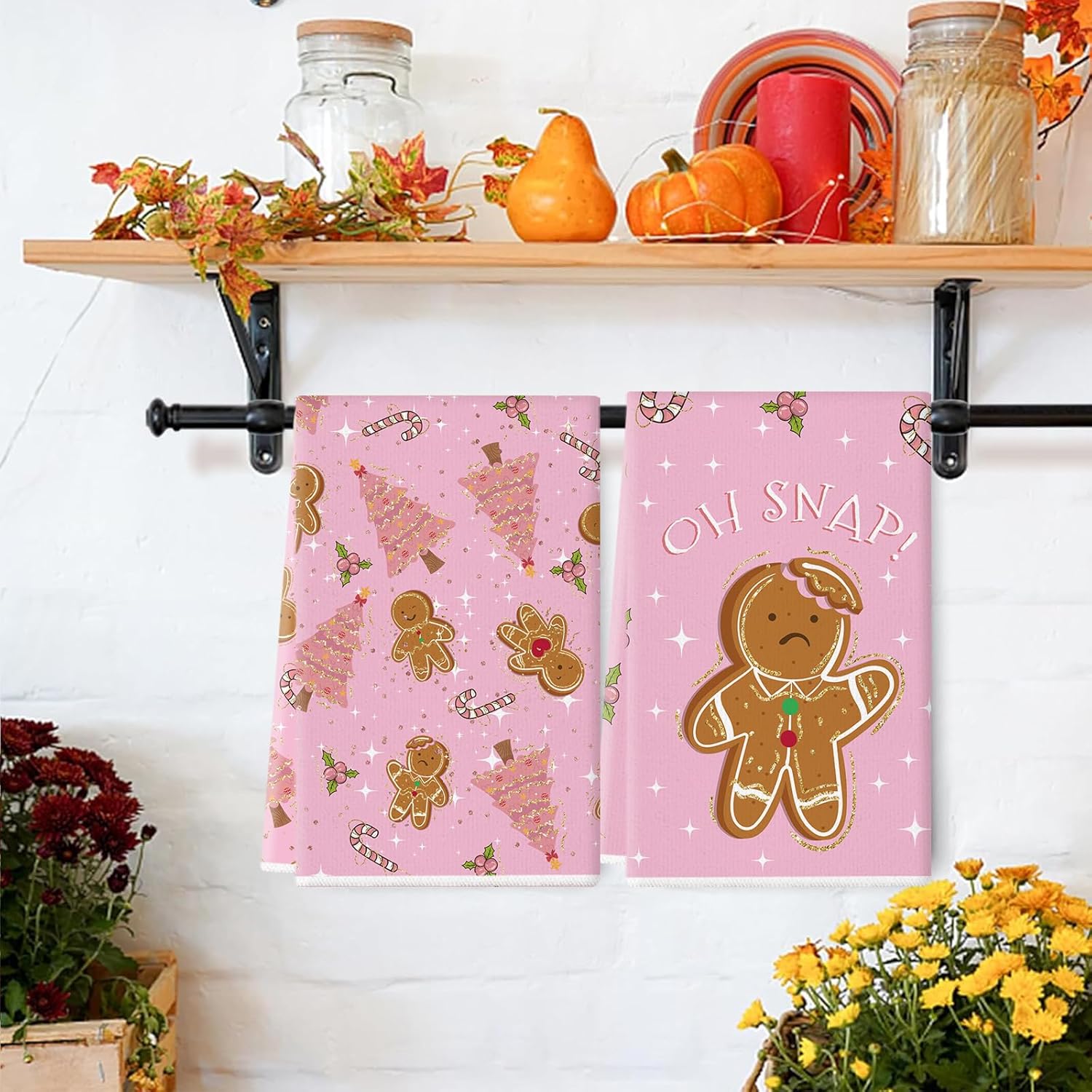 Gingerbread Decor Christmas Kitchen Towels Set of 2 Christmas Tree Candy Cane Pink Absorbent Hand Towel Dish Towels for Kitchen Home Decoration 18x26 Inch - Image 3