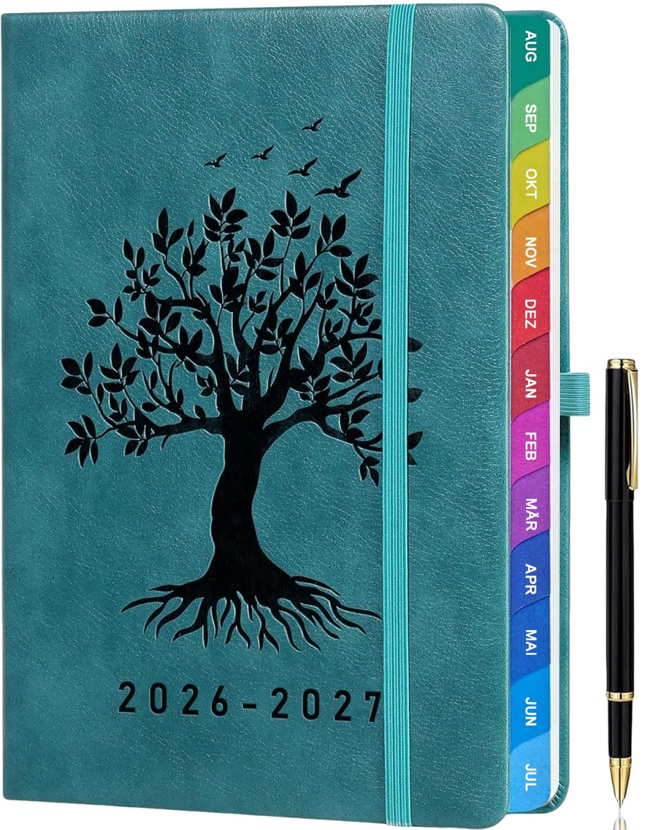 ZXHQ Lehrerkalender 2026 2027 A5+, Lehrerplaner/Schulplaner mit Monatsübersicht, Hardcover, Deutsch, 208 Seiten, Farbig Gedruckte Innenseiten & Monatsregister, Innentasche, 16,5 x 22 cm, Türkis