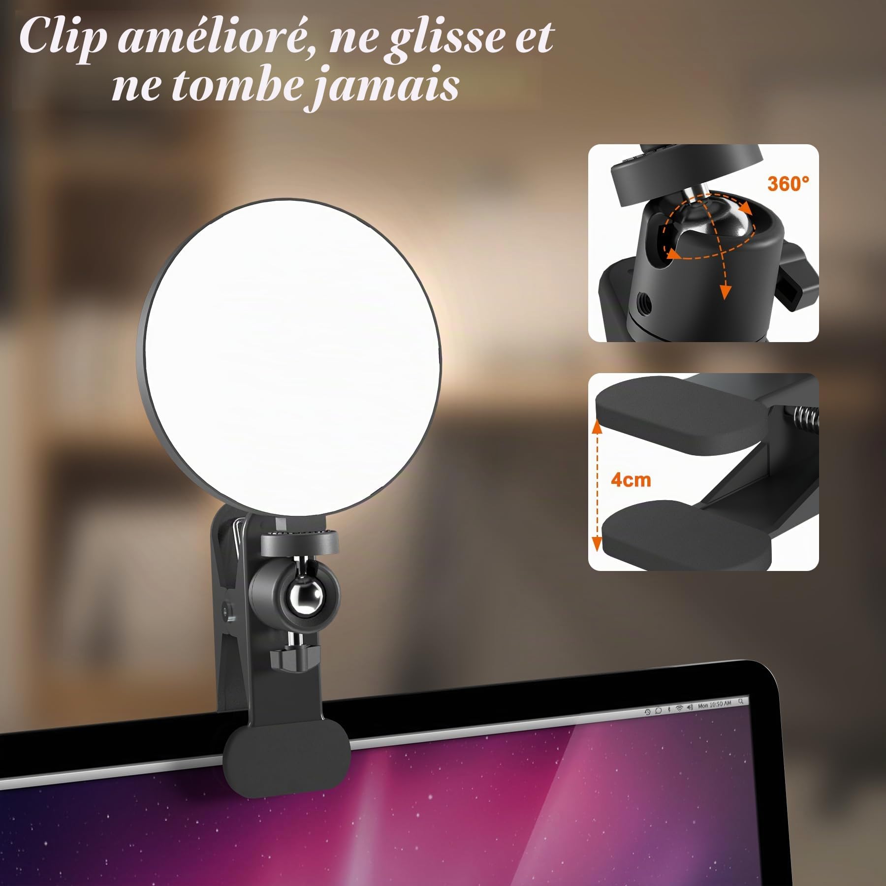 Mojimdo 97LED Lampe de vidéoconférence, 3 couleurs et 5 luminosités Lampe de clip vidéo sur moniteur, réglage de la lumière par minuterie Lampe de webcam pour les réunions- Adaptateur USB inclus