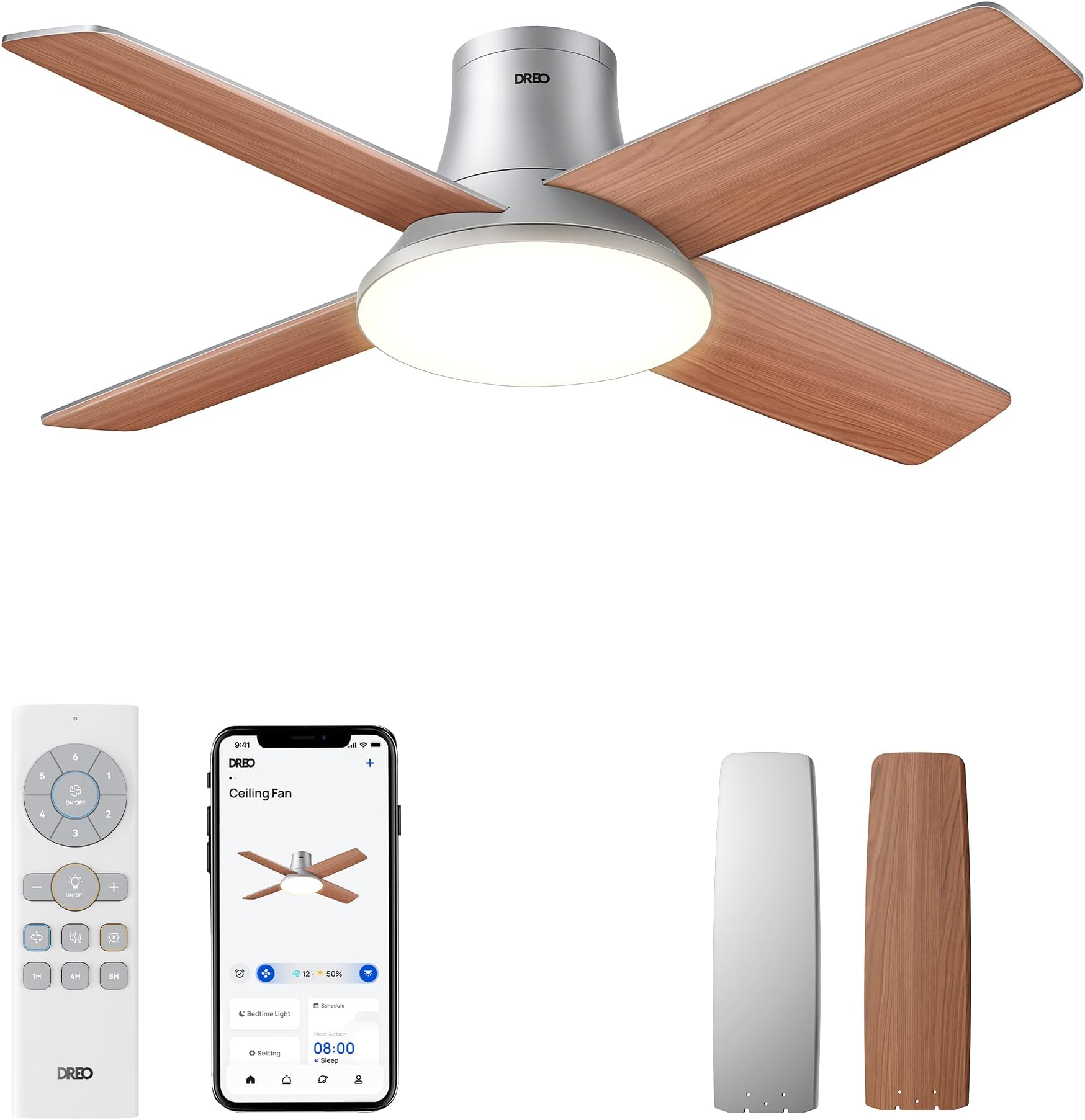 Dreo 44 inch intelligent ceiling fan with lighting and remote control, 6-stage adjustable lighting and 5 shades, easy installation, reversible ceiling fan with one