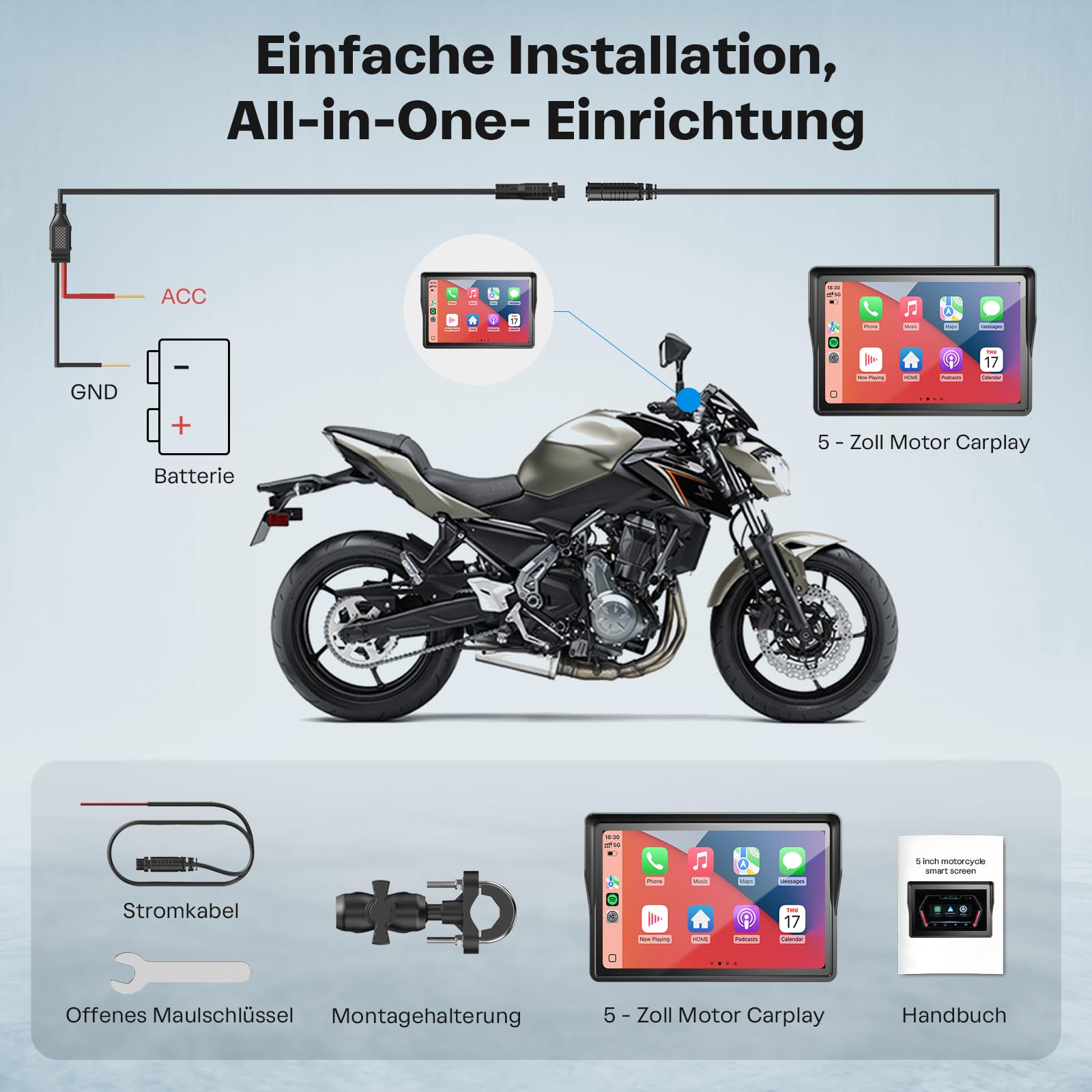 WonVon 5 Zoll Motorrad Carplay Display Motorrad Navigationsgeräte mit Motorrad Navi CarPlay & Android Auto Wasserdicht Motorräder Display mit Bluetooth Sprachassistenten Magnetische Halterung