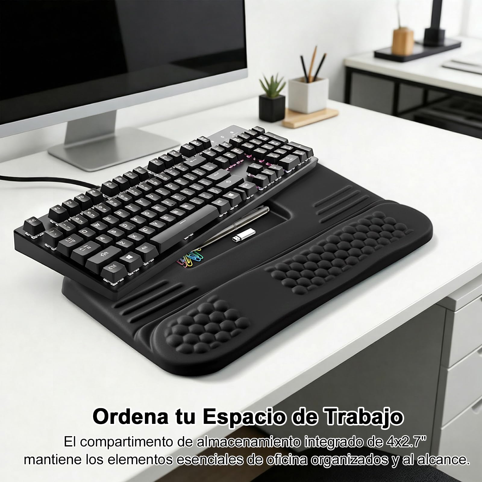 LIMOUS Reposamuñecas Ergonómico para Teclado, Soporte Elevador Ajustable 2 Ángulos con Caja de Almacenamiento, Almohadilla Ola de Espuma Viscoelástica, Base Antideslizante para Oficina y Gaming-Negro