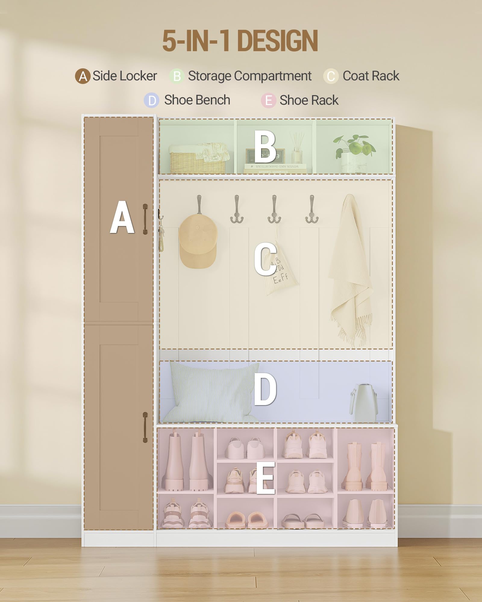 Hzuaneri Garderobenständer mit Sitzbank, Garderobe mit Seitlichem Stauschrank, 20 Fächer, Verstellbarer Regalboden, 6 Haken, Freistehender Kleiderständer für Flur, 36 x 130 x 186 cm, Weiß 7230103X