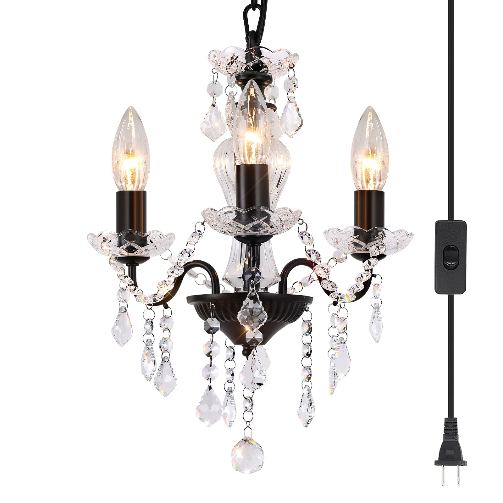 Chanlited Plug in Modern 3-Light Black Chandelier with Glass
