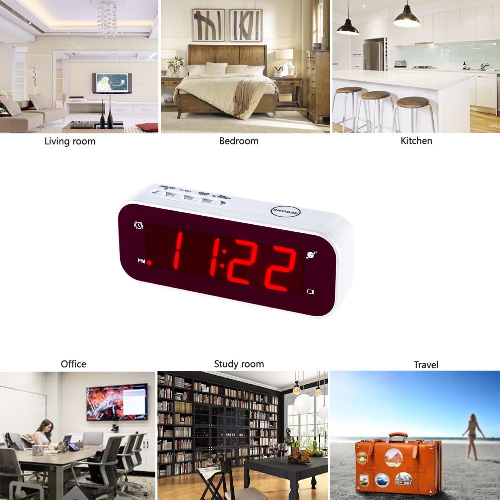 The Timegyro clock shown in various settings: living room, bedroom, kitchen, office, study room, and travel.