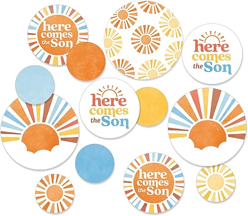 Miniatura 1 de Big Dot of Happiness Here Comes The Son - Decoración de baby shower, confeti circular gigante bohemio para niños, decoraciones retro para fiesta de