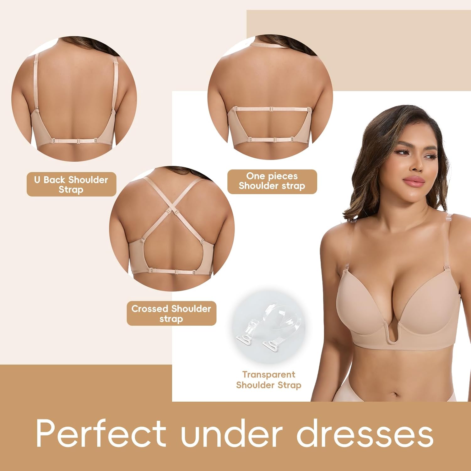 JOYSHAPER Plunge Bras for Women Backless Push Up Bras Low Cut Padded Bras Shaper Convertible with Clear Straps Dress Bra - Image 2