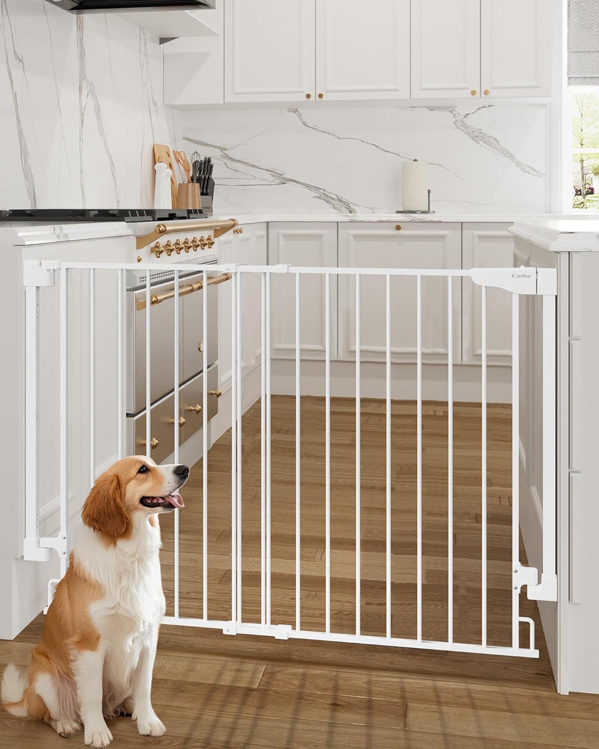 Cumbor 34" Extra Tall Baby Gate for Stairs, Wall-Mounted (Drill Required), Expandable 31.6-48" No Bottom Bar Dog Gate Indoor for Larger Pets, Large Walk Thru Door for Easy Access (White) White 31.6-48" W, Large Dogs