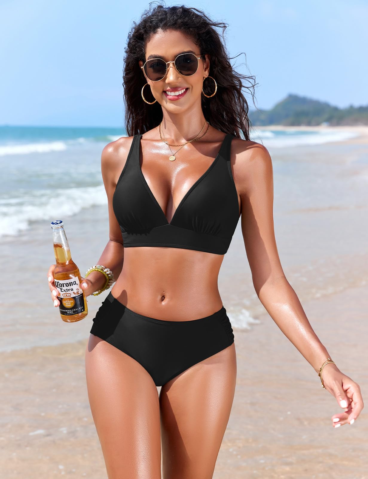 Nadeer Maillot de Bain Femme 2 Pieces Ensemble Bikini Taille Mi-Haute Ventre Plat Push Up Col en V Deux Pièces Haut Triangulaire Bretelles Larges Swimwear Élégant Swimsuit Beachwear