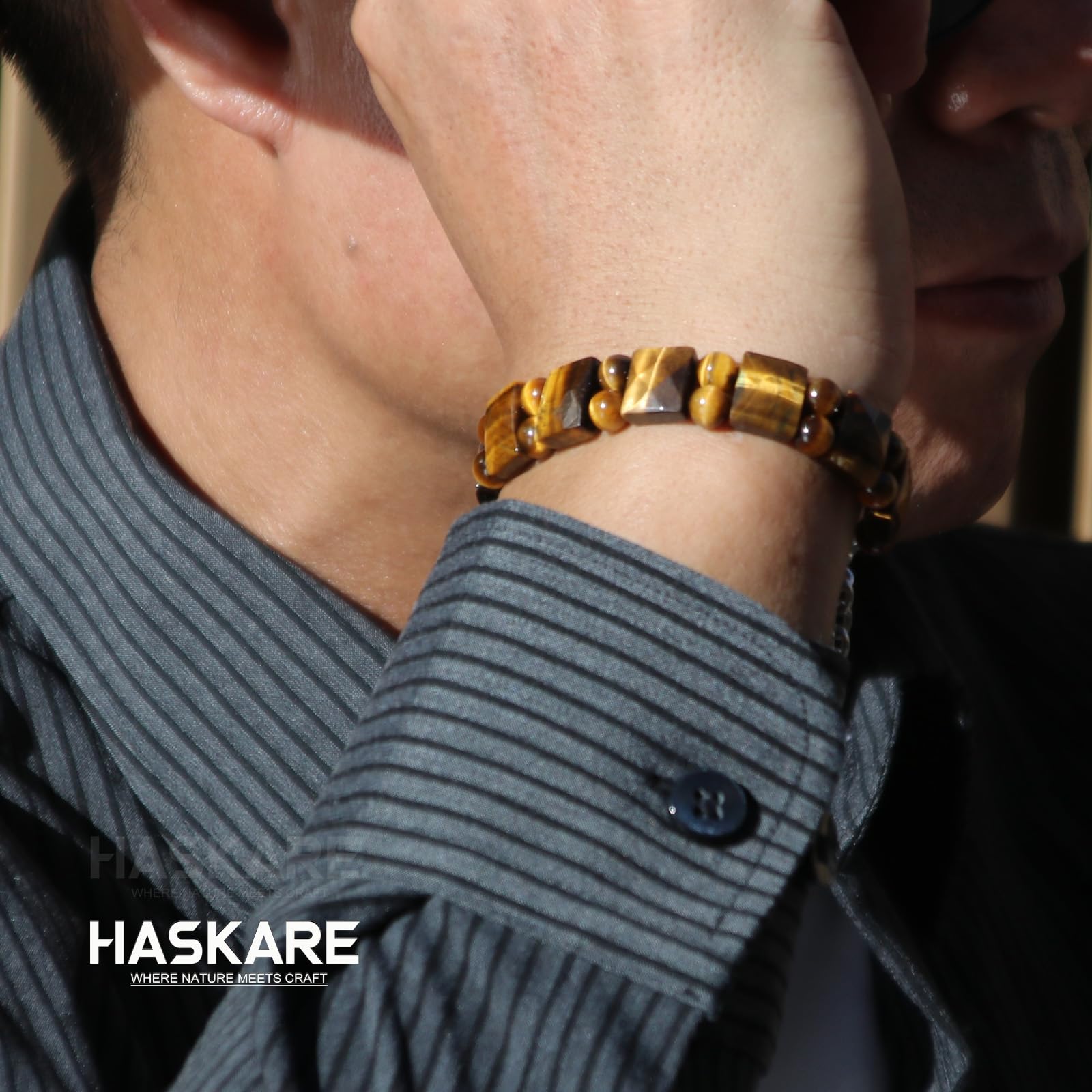 HASKARE Herren Tigerauge Armband Naturstein Perlen Verstellbarer Verschluss Spirituelle Heilung Handgemachter Schmuck für Männer, Stärke Schutz Geschenk für Ihn Papa Ehemann Freund