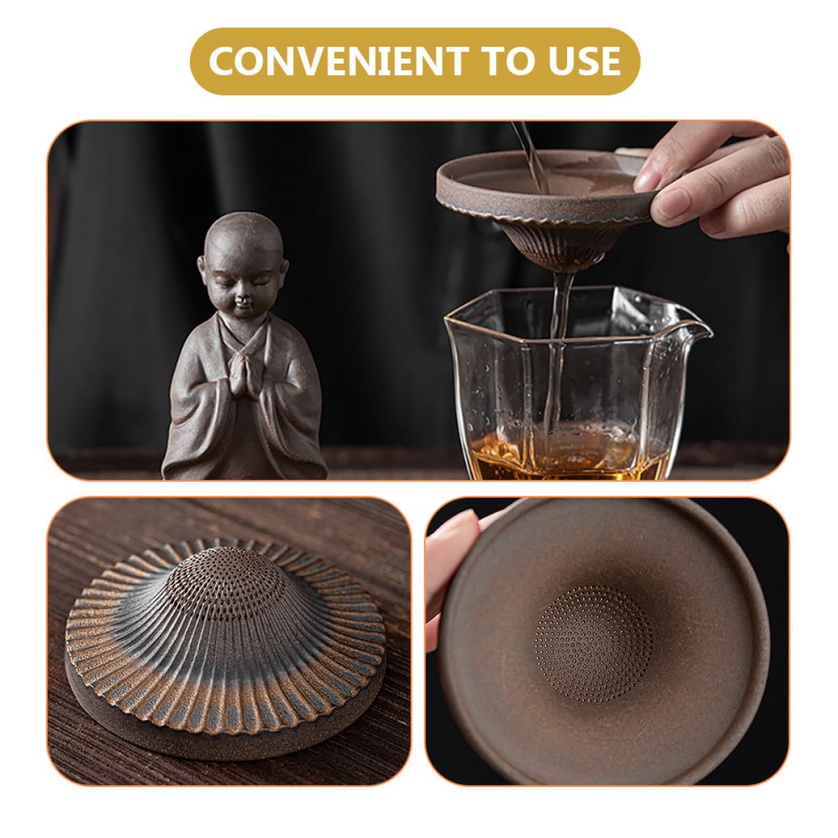 Filtre à Thé et Infuseur à Thé de Moine Marron en Céramique Ornement Décoratif Pratique pour Décorer l'espace de Vie