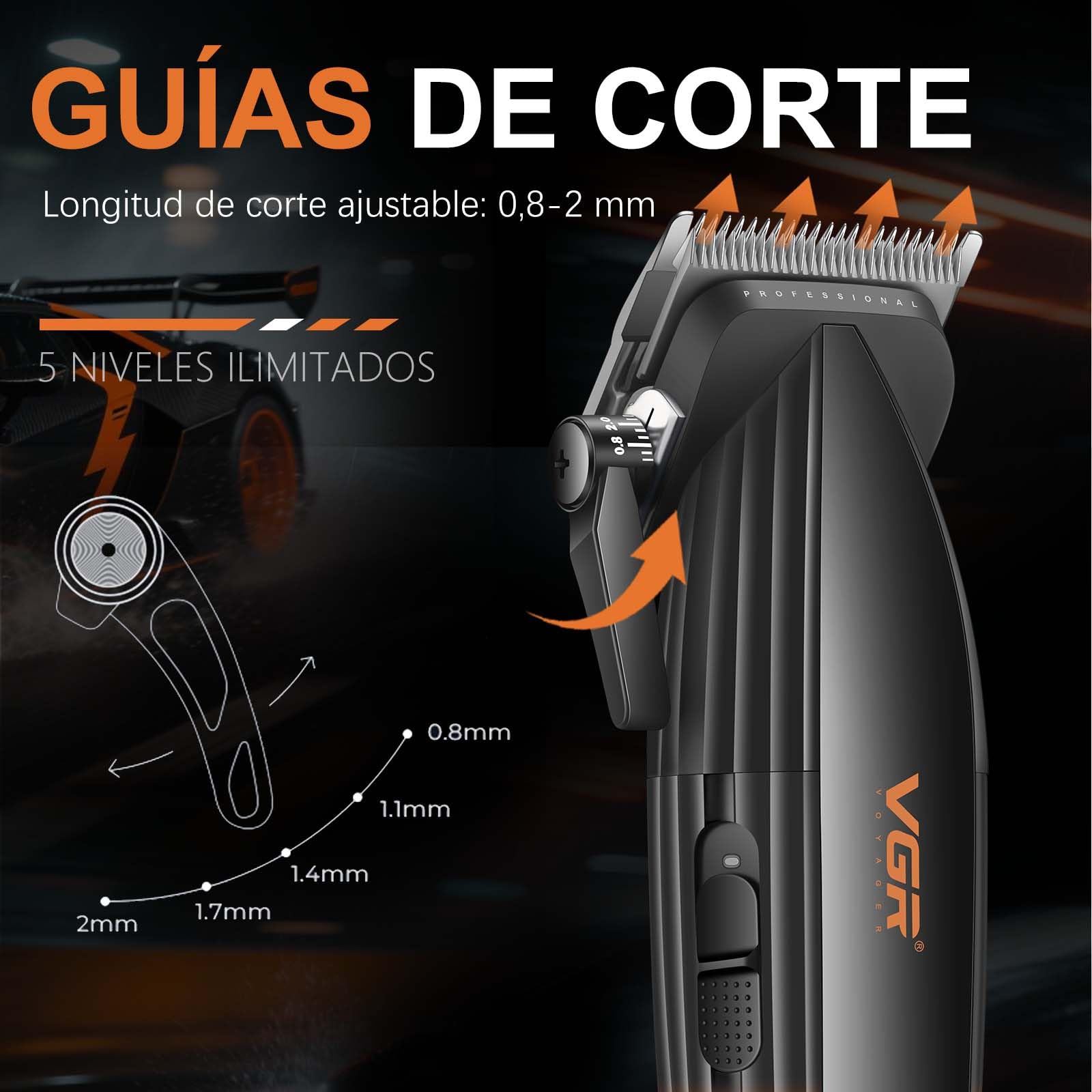 VGR 889C Maquina de Cortar Pelo Hombre Profesional, Función Turbo, Naranja | Máquina de Cortar Pelo Inalámbrica con Base, Cortapelos Ajustable Profesional Para Degradados con , Pantalla LED, Carga USB