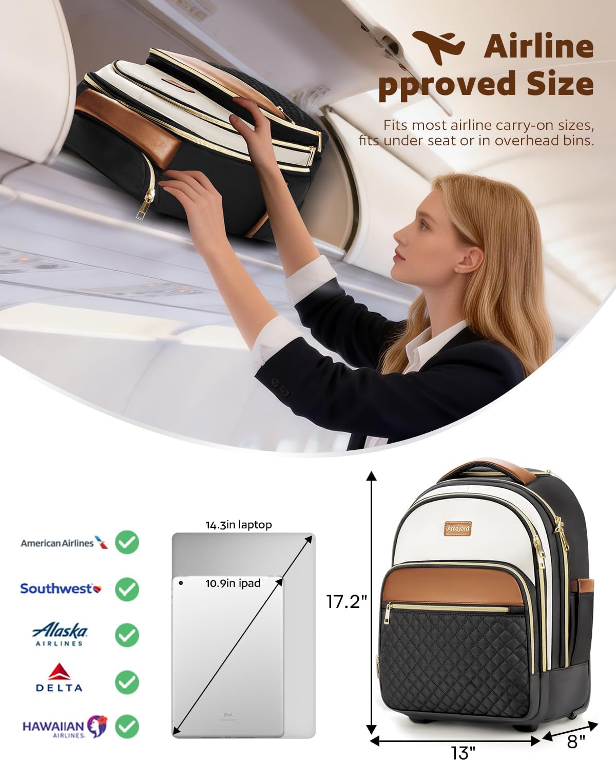 Arcoyard Small Rolling Backpack for Women, Lightweight Travel Backpack with Wheels, Roller Backpacks for Adults, Water Resistant Rolling Laptop Bag, Wheeled Underseat Carry On Luggage, Beige Brown