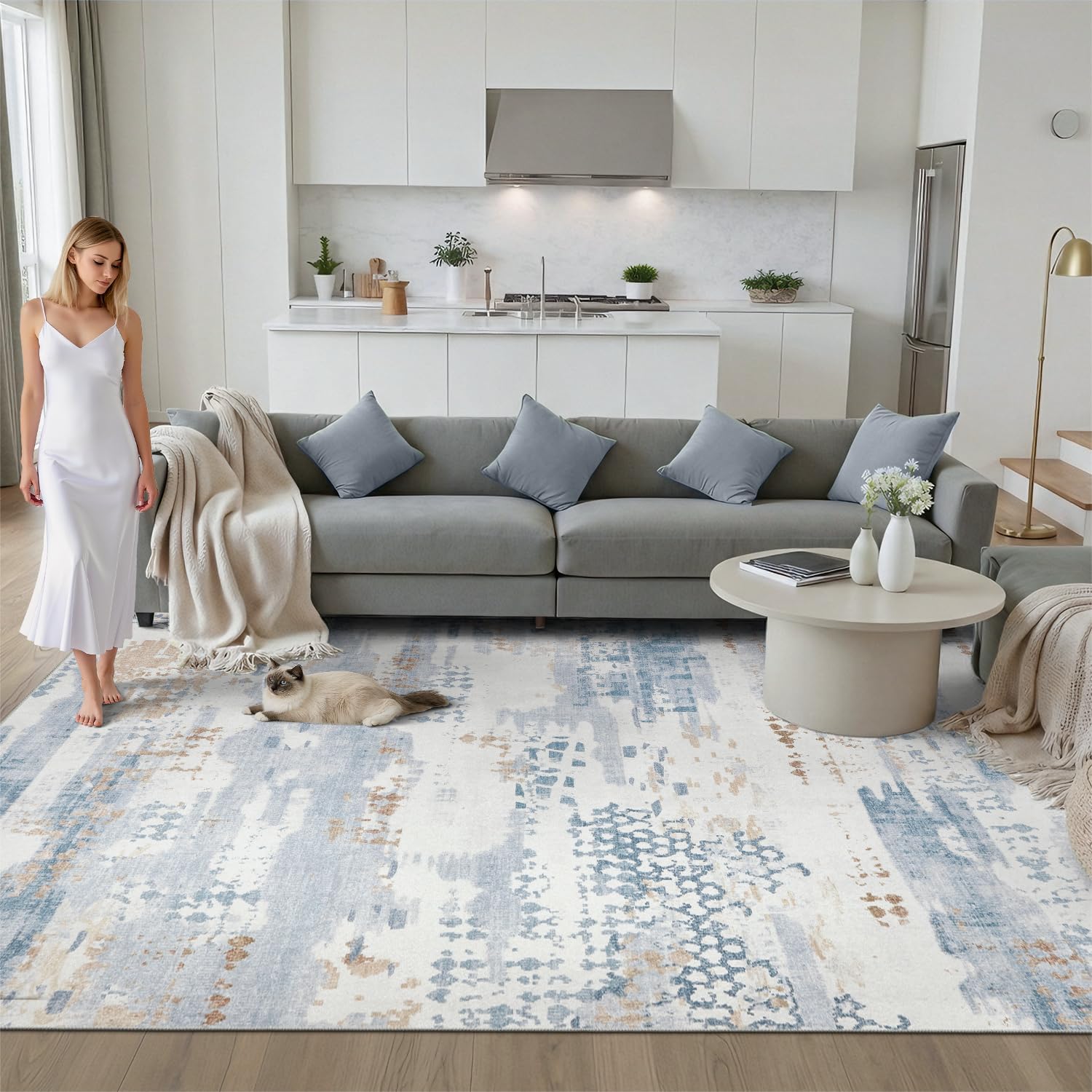 DCX Abstract Area Rug 5x7, Washable Blue Modern Rug for Living Room, Kid & Pet Friendly with Rubber Back Non Slip, Soft Low Pile Carpet, Stain Resistant Rug for Bedroom, Office, Dining Room