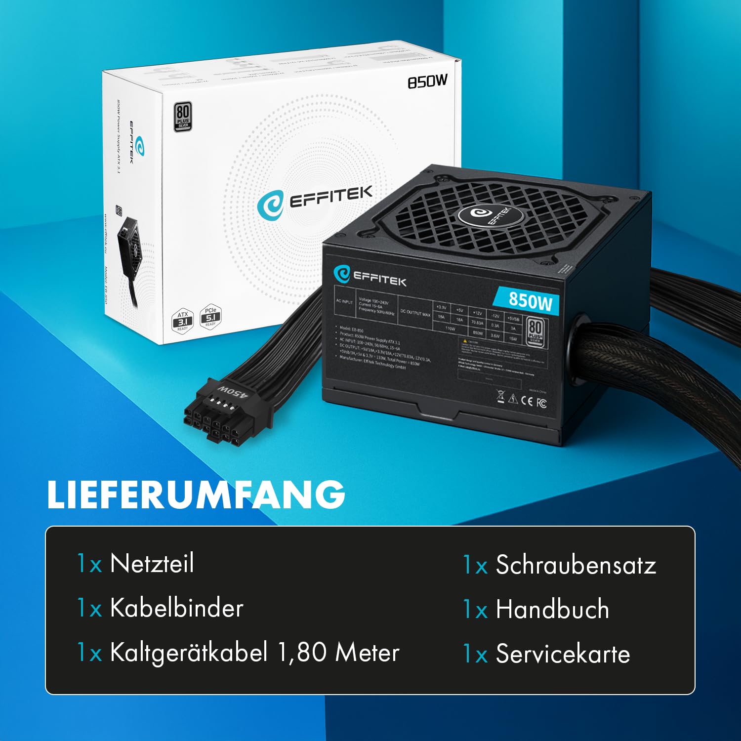 850 W ATX 3.1 Gamer zasilacz 80 Plus Silver obsługuje PCIe 5.1 GPU