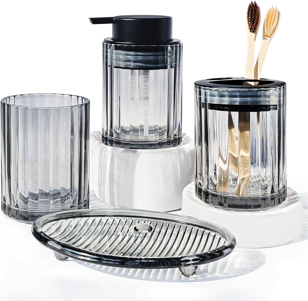 Bathroom Accessories Set, 4 PCS Glass Bathroom Set,Black Grey | Includes Soap Dispenser, Toothbrush Holder, Toothbrush Cup, Soap Dish for Decorative Countertop and Housewarming Gift
