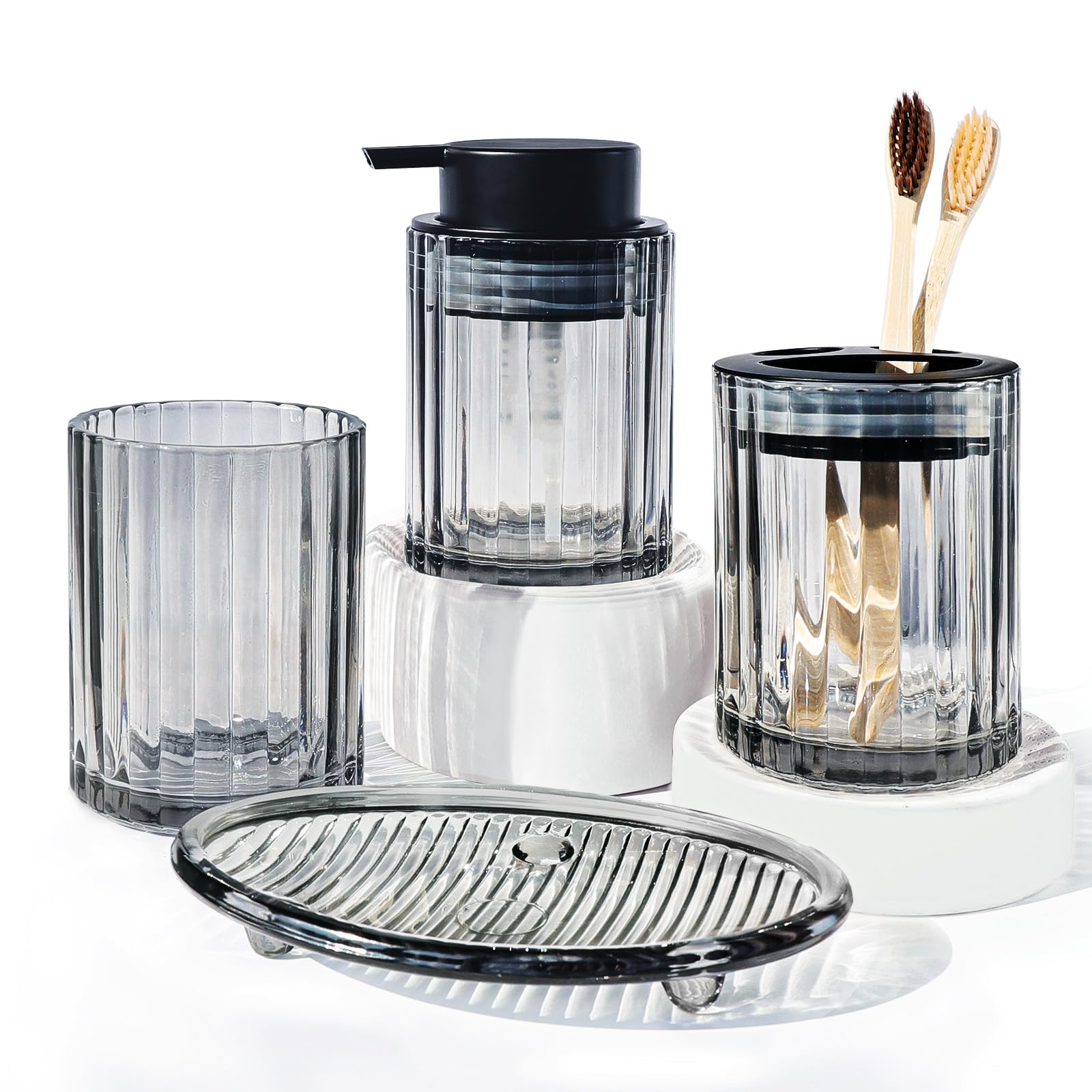 CERBIOR Juego de accesorios de baño, 4 piezas de accesorios de vidrio, incluye dispensador de jabón, soporte para cepillo de dientes, taza para cepillo de dientes, jabonera para encimera decorativa y