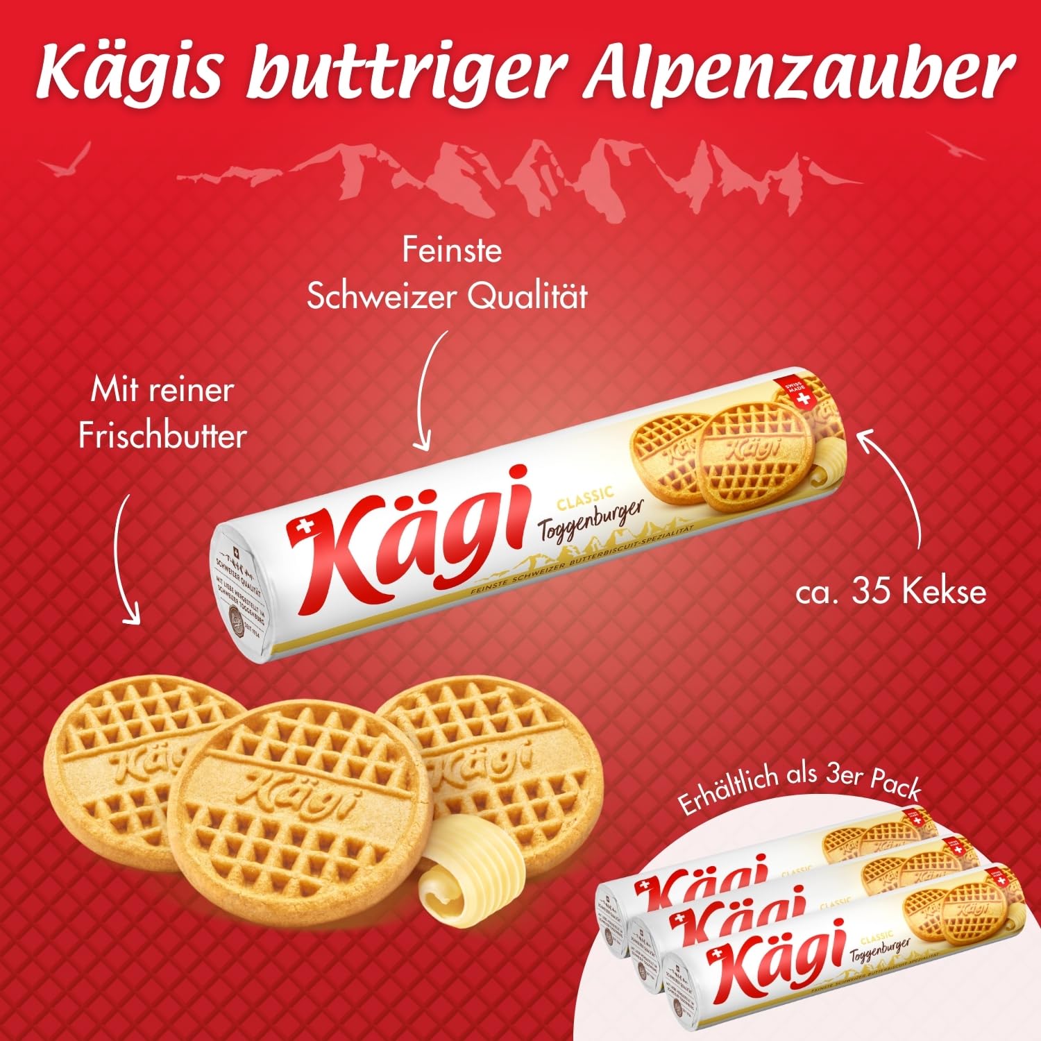 KÄGI Toggenburger Butterbiscuit Classic I Leckere Schweizer Butter Kekse I Dreierpack Knusprige Butterkekse nach Hausrezept I Köstliches Kaffeegebäck 3x200g I Butterplätzchen aus Frischbutter