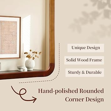 Bathroom Mirror 24 x 24 Inch,Brown Wood Walnut Square Tempered Wall Mirror | Rustic Round Corner Farmhouse Wooden Vanity Mirror for Living Room,Entryway or Bedroom(Walnut Brown)