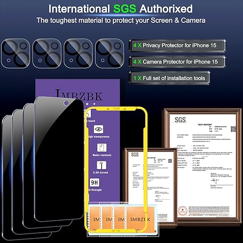 Miniatura 3 de IMBZBK Paquete de 4 protectores de pantalla de privacidad para iPhone 15 de vidrio templado con 4 protectores de lente de cámara, accesorios 9H anti