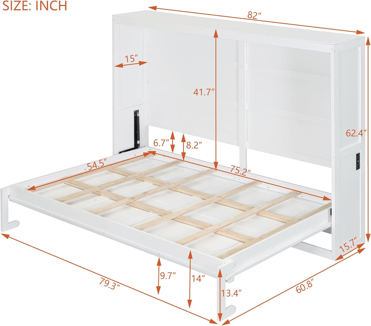 Harper & Bright Designs Full Size Murphy Bed Frame with Charging Station, Wooden Murphy Cabinet Bed, Space-Saving for Living Room, Guest Room, White