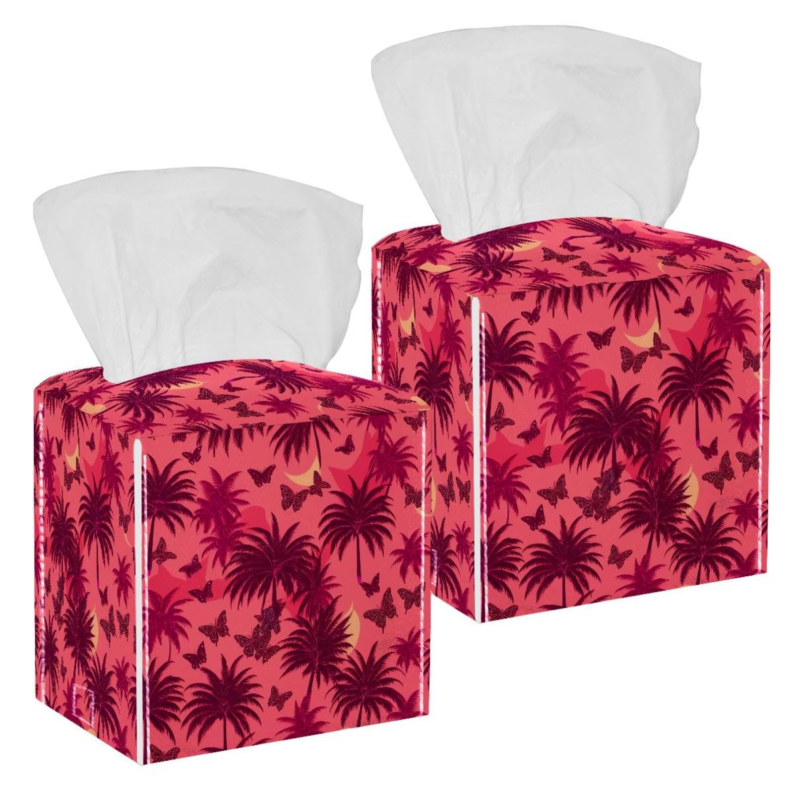 Coconut Tree Tissue Box Cover, 2 Pack PU Leather Square Facial Tissue Dispenser Box holder for Home Office Car