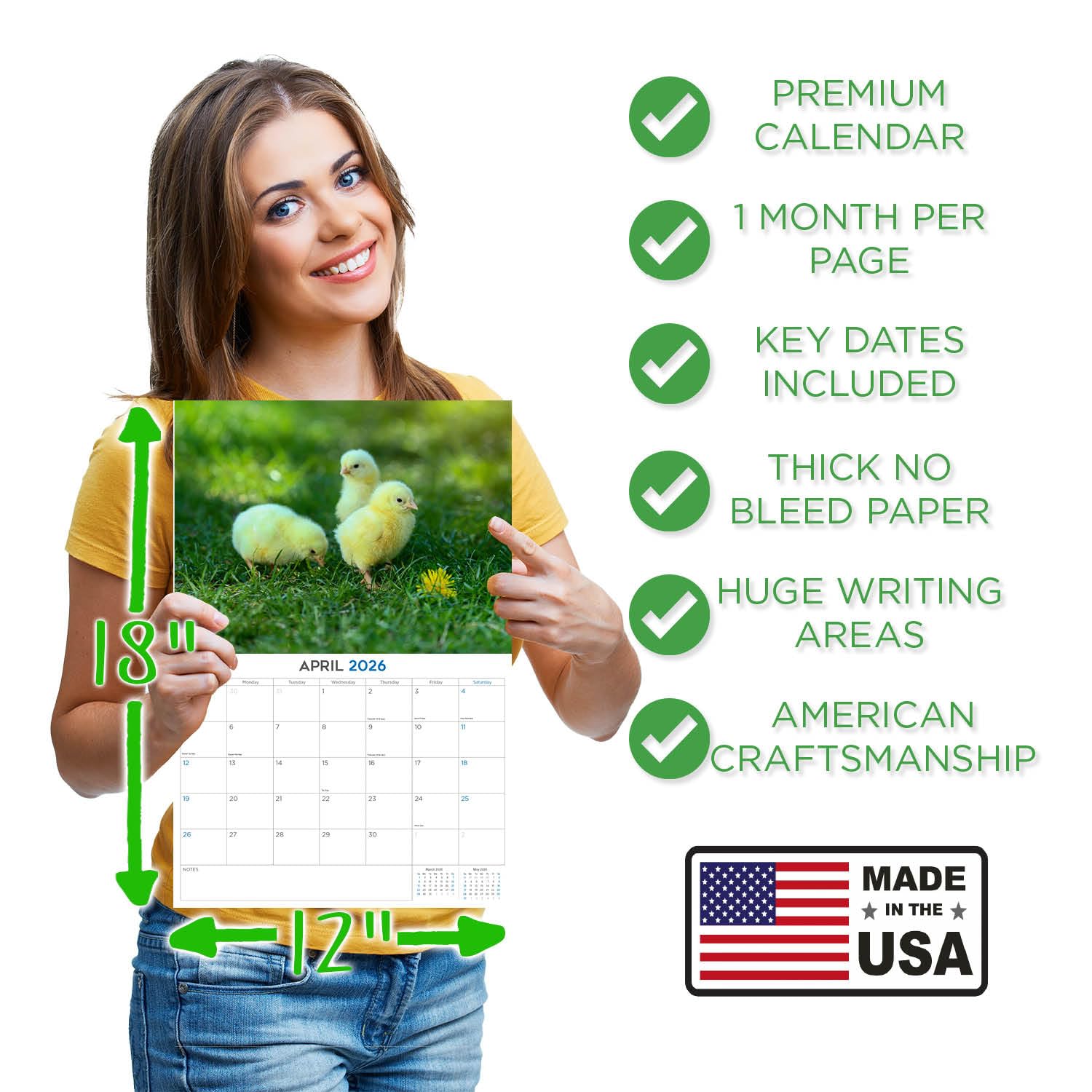Calendario 2024 2025 de pollos – Bonito calendario mensual de pared de animales de granja – 12 x 18 pulgadas abierto – Papel grueso que no se corre – Regalo – Planificador académico para profesores,