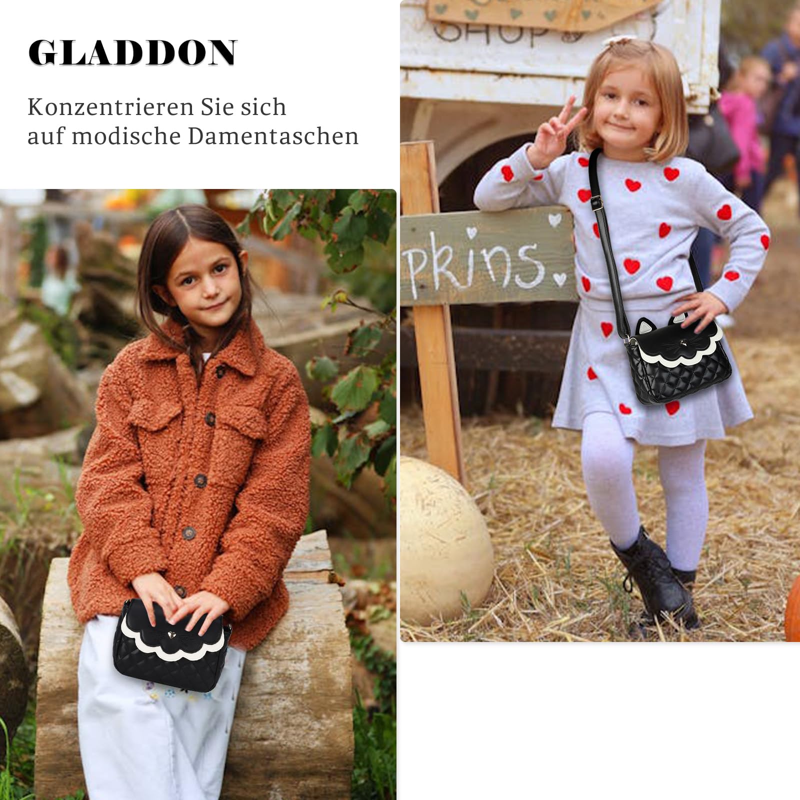 Gladdon Borsa a Tracolla per Ragazze Mini Borsa a Tracolla Borsa per orecchie di gatto Cute Princess Bag Borsa in pelle pura come regalo per ragazze, ragazzi e adolescenti Design originale(Nero)