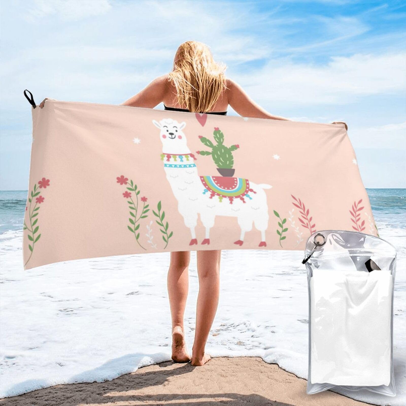 Jiuty White Cute Hand Drawn Llama Print Fast Dry Beach Towel Portable For Swimming Travel Gym Hiking Gift