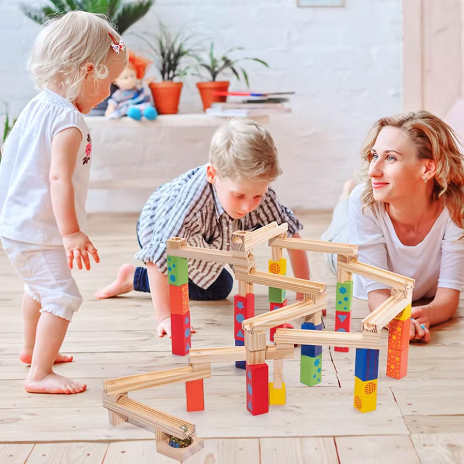 Drewniane klocki do układania toru kulkowego Montessori dla dzieci, rodzic-dziecko, zabawka z kulką do zjeżdżania