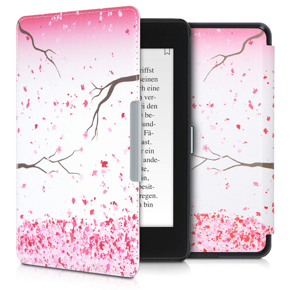 kwmobile Case Compatible with Amazon Kindle Paperwhite (10. Gen - 2018) - Case PU e-Reader Cover - Cherry Blossoms Pink / Dark Brown / White