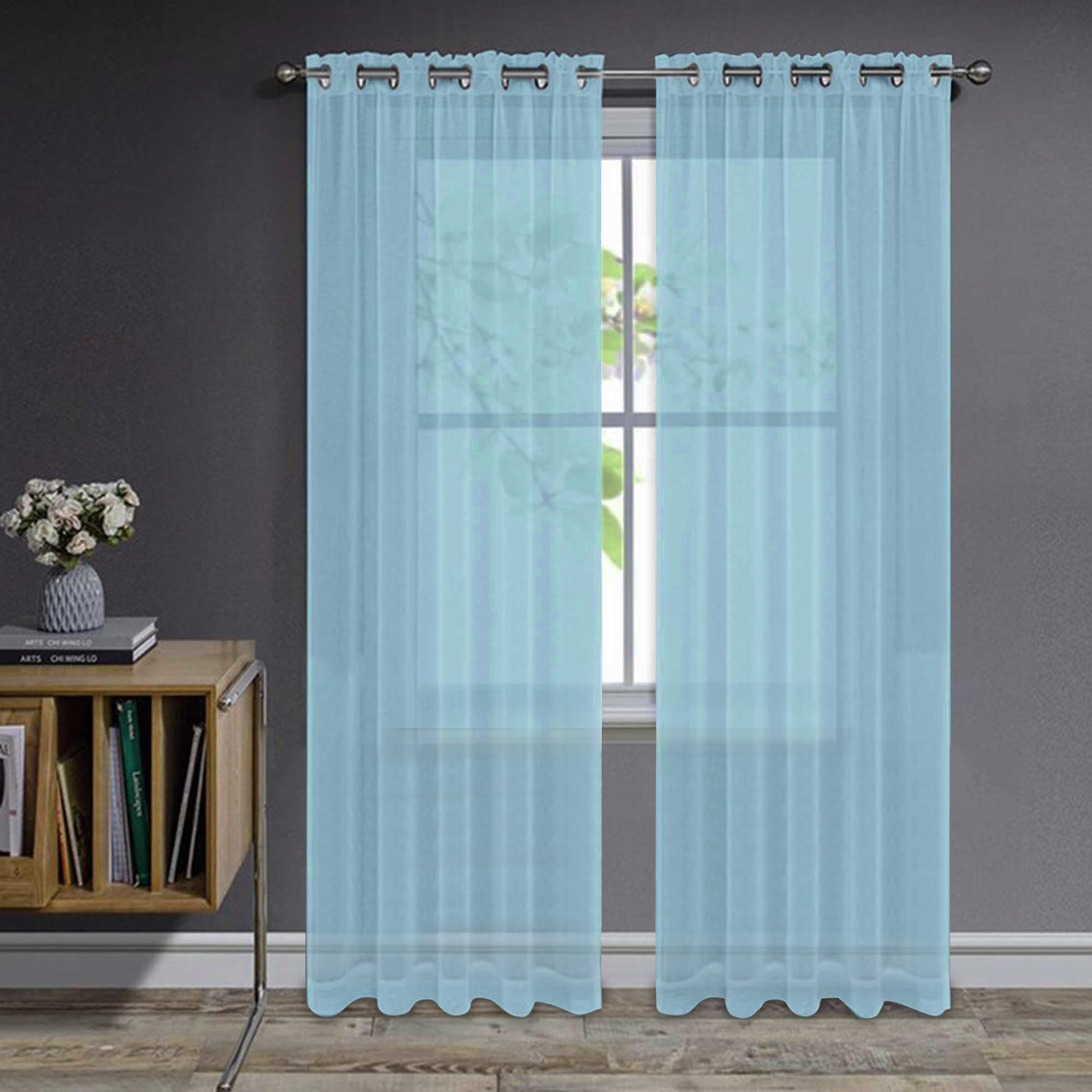 Joydeco Net Curtains for Windows 95 Inch Drop - 2 Panels, Woven Eyelet Voile Sheer Curtains for Living Room Bedroom, Decorative Semi Transparent Long Window Treatment, 52x95 Inch, Lake Blue